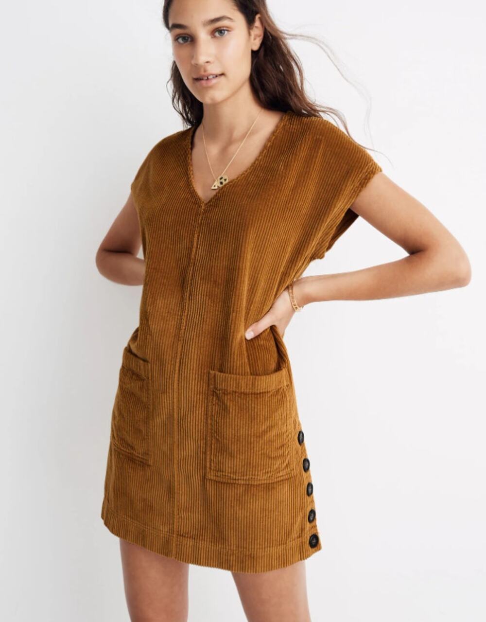 Madewell Corduroy Side Button Shift Dress Antique Gold Pockets 70s Revival Folk
